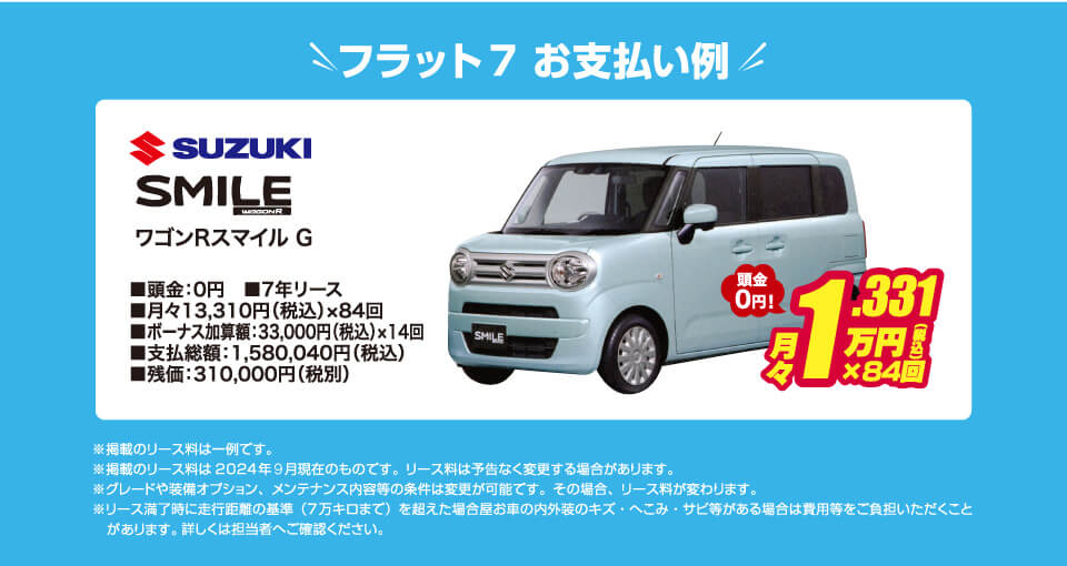 フラット7でのお支払い例:SUZUKI ワゴンRスマイルが月々コミコミ13,310円～新車で乗れちゃう！（内訳／頭金：0円、7年リース、月々のお支払い：13,310円（税込）×84回、ボーナス加算額：33,000円（税込）×14回、支払総額：1,580,040円（税込）、残価：310,000円（税別） ※掲載のリース料は一例です。掲載のリース料金は2024年9月現在のものです。リース料は予告なく変更する場合があります）