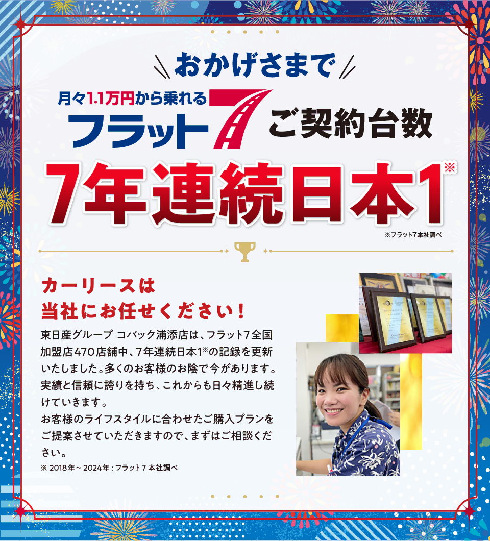 おかげさまで当店がフラット7ご契約台数日本一の会社です！！