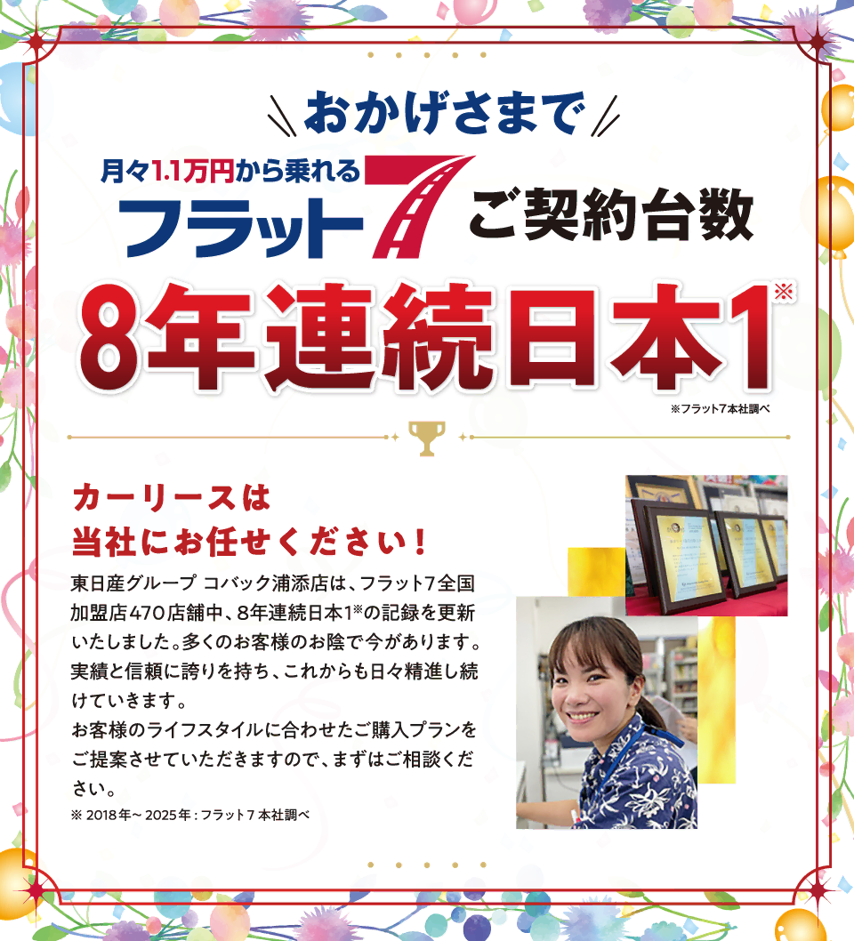 おかげさまで当店がフラット7ご契約台数日本一の会社です！！