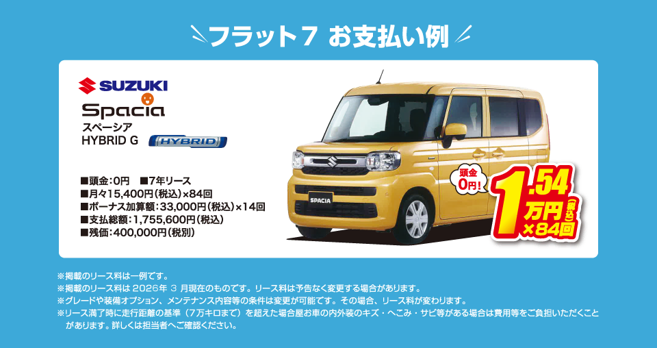 フラット7でのお支払い例：スズキ スペーシア HYBRID Gが月々コミコミ15,400円～新車で乗れちゃう！（内訳／頭金：0円、7年リース、月々のお支払い：15,400円（税込）×84回、ボーナス加算額：33,000円（税込）×14回、支払総額：1,755,600円（税込）、残価：400,000円（税別） ※掲載のリース料は一例です。掲載のリース料金は2026年3月現在のものです。リース料は予告なく変更する場合があります）